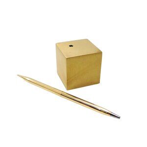 Solid Brass Pen Holder Square Cube Gold Tone Pen Mid Century Modern